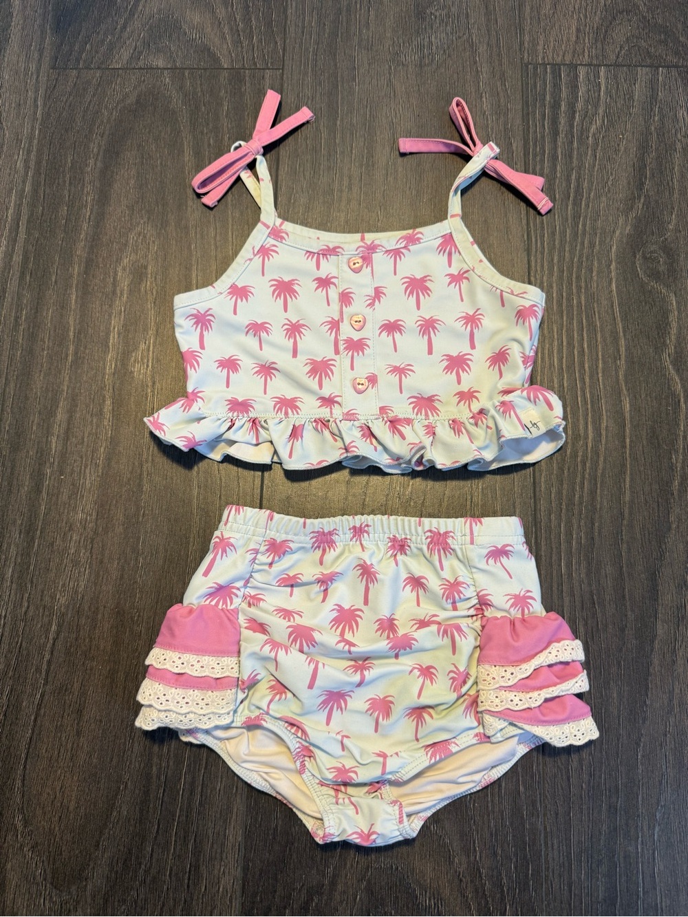Girls Pink Palm-Print Ruffle Bikini Set